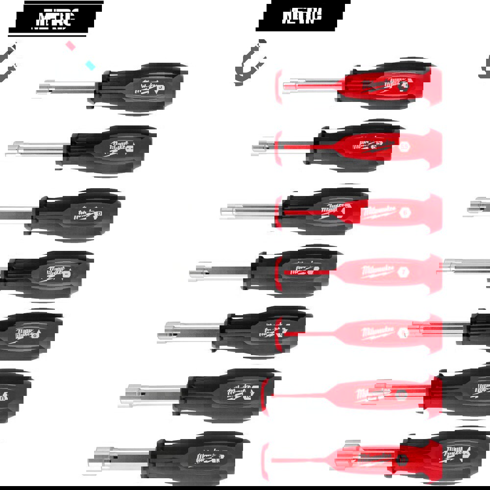 Nutdriver Sets; Drive Size: 5 mm; 5.5 mm; 6 mm; 7 mm; 8 mm; 10 mm; 13 mm ; Handle Type: Tri-Lobe ; Shaft Type: Hollow ; Container Type: None ; Shaft Length (Inch): 4 ; Overall Length (Decimal Inch): 10.4300
